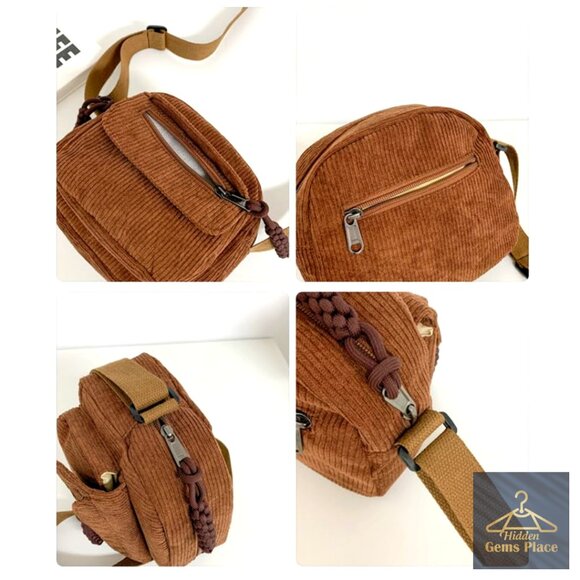 Corduroy Crossbody Bag with Adjustable Strap, Multiple Pockets - Picture 5 of 6